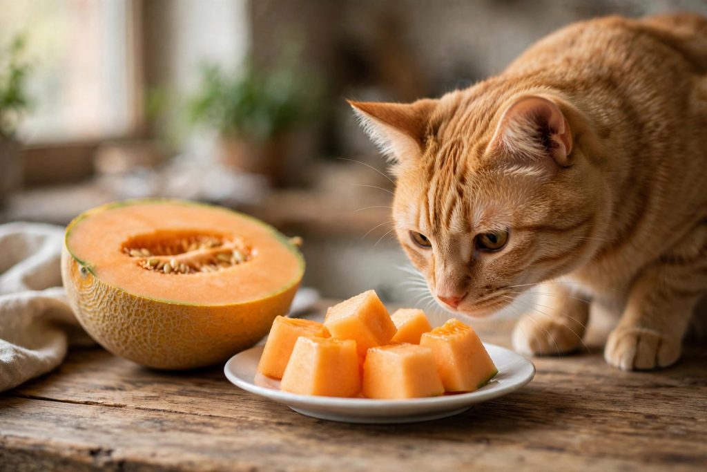 Fresh cantaloupe cubes prepared as a safe occasional treat for cats