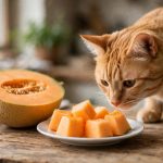 Fresh cantaloupe cubes prepared as a safe occasional treat for cats