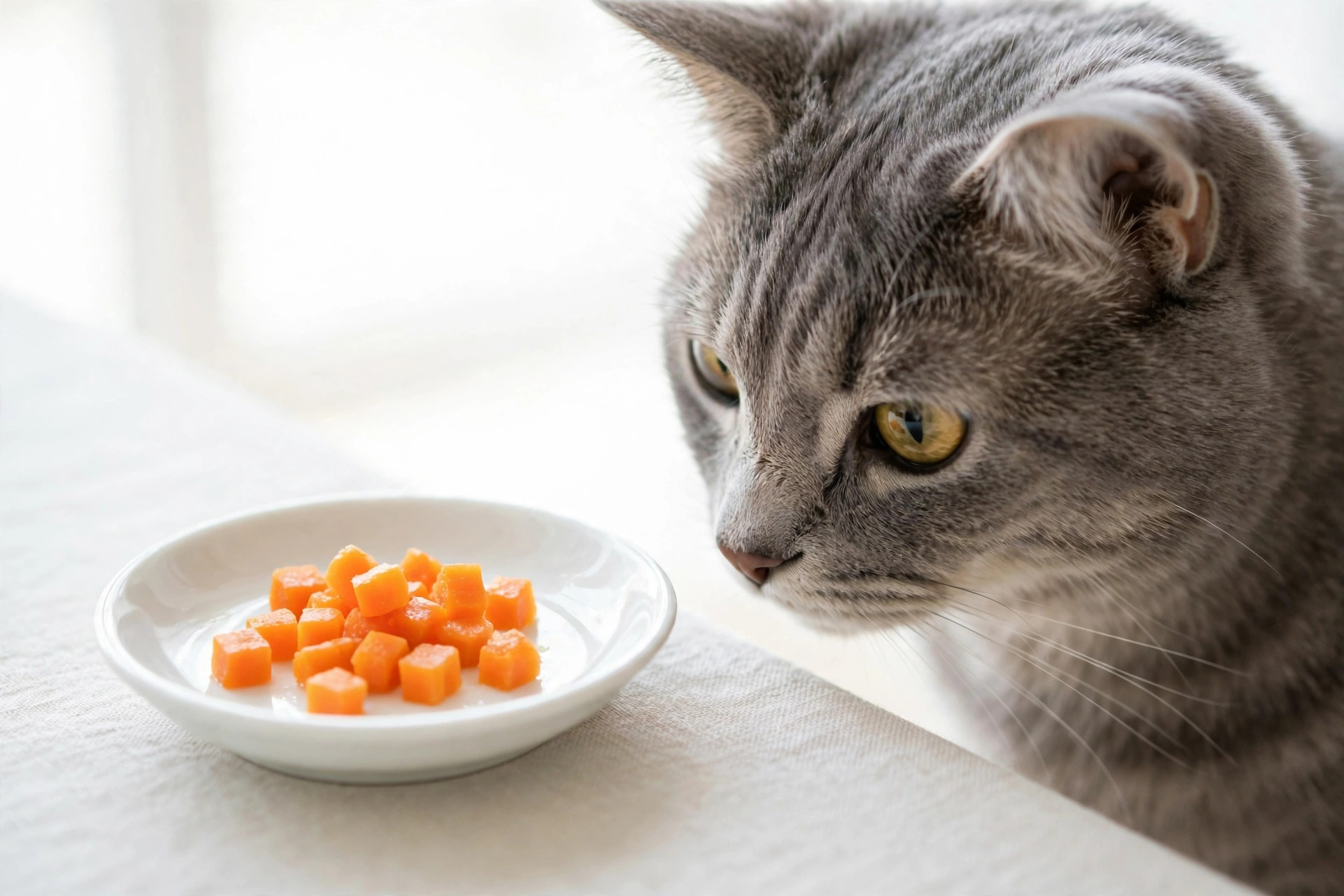 Curious tabby cat sniffing a bowl of soft, safely prepared cooked carrot pieces