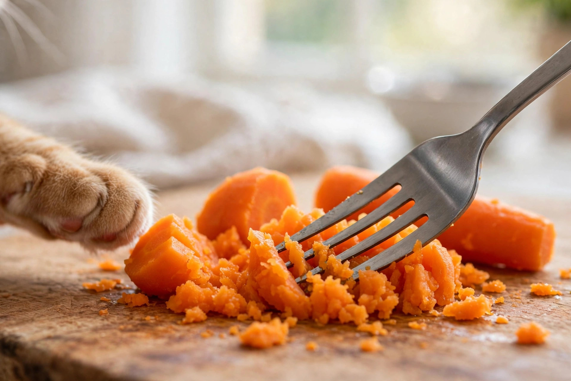 Soft-cooked carrot pieces being mashed on a cutting board to a safe consistency for cats
