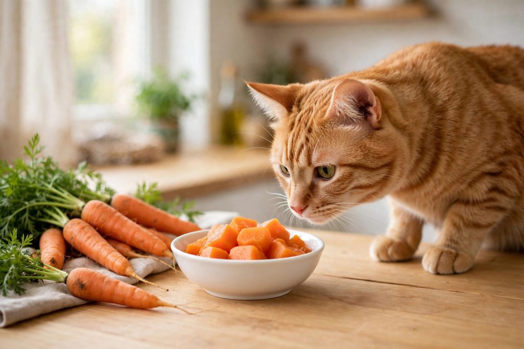 Tabby cat sniffing a bowl of soft cooked carrot chunks that are safe for cats