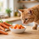 Tabby cat sniffing a bowl of soft cooked carrot chunks that are safe for cats