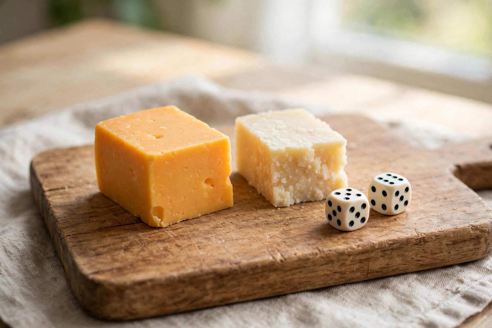 Small blocks of cheddar and parmesan cheese beside dice showing a safe serving size for cats