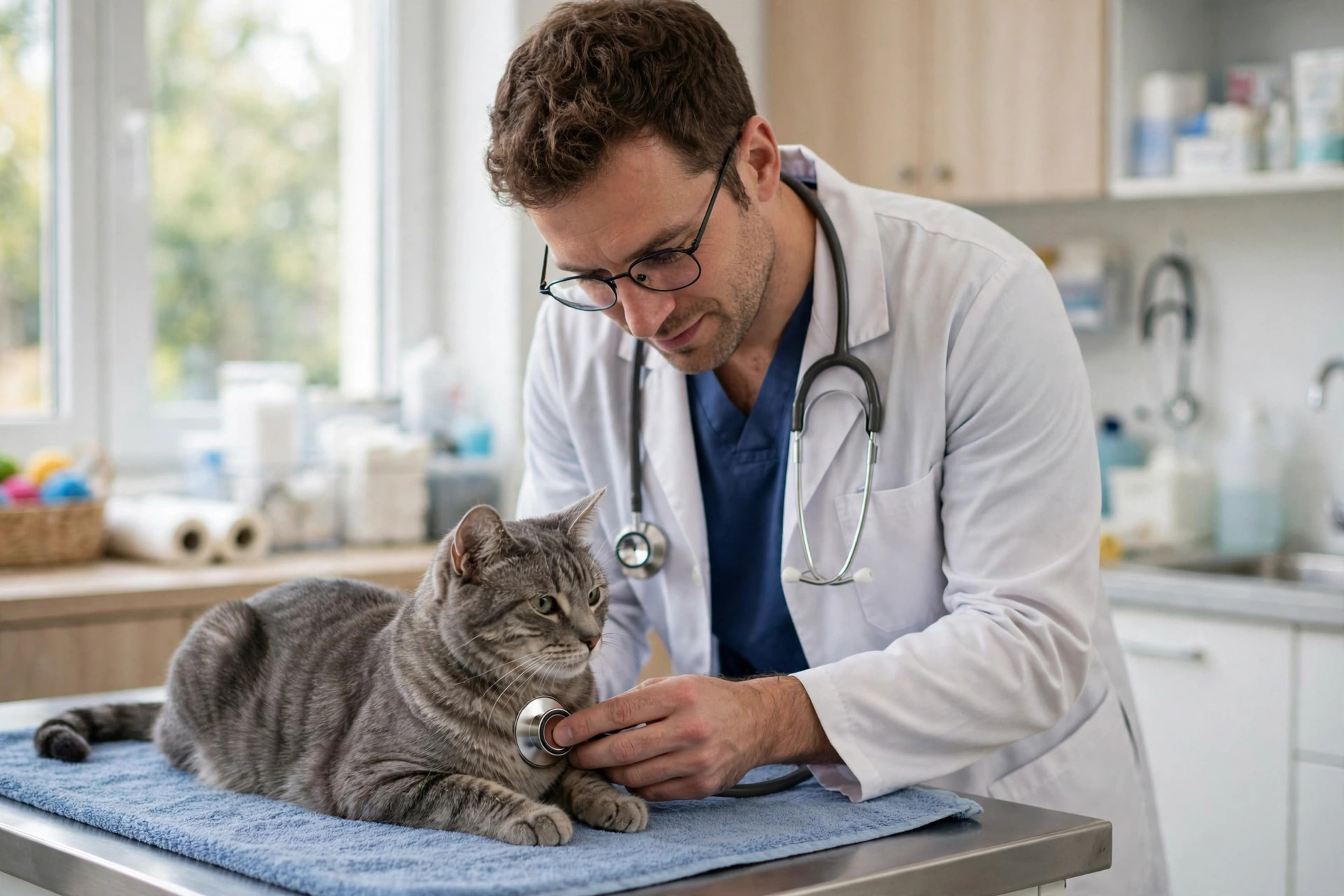 Veterinarian examining a tabby cat at a clinic after it ate too much cheese