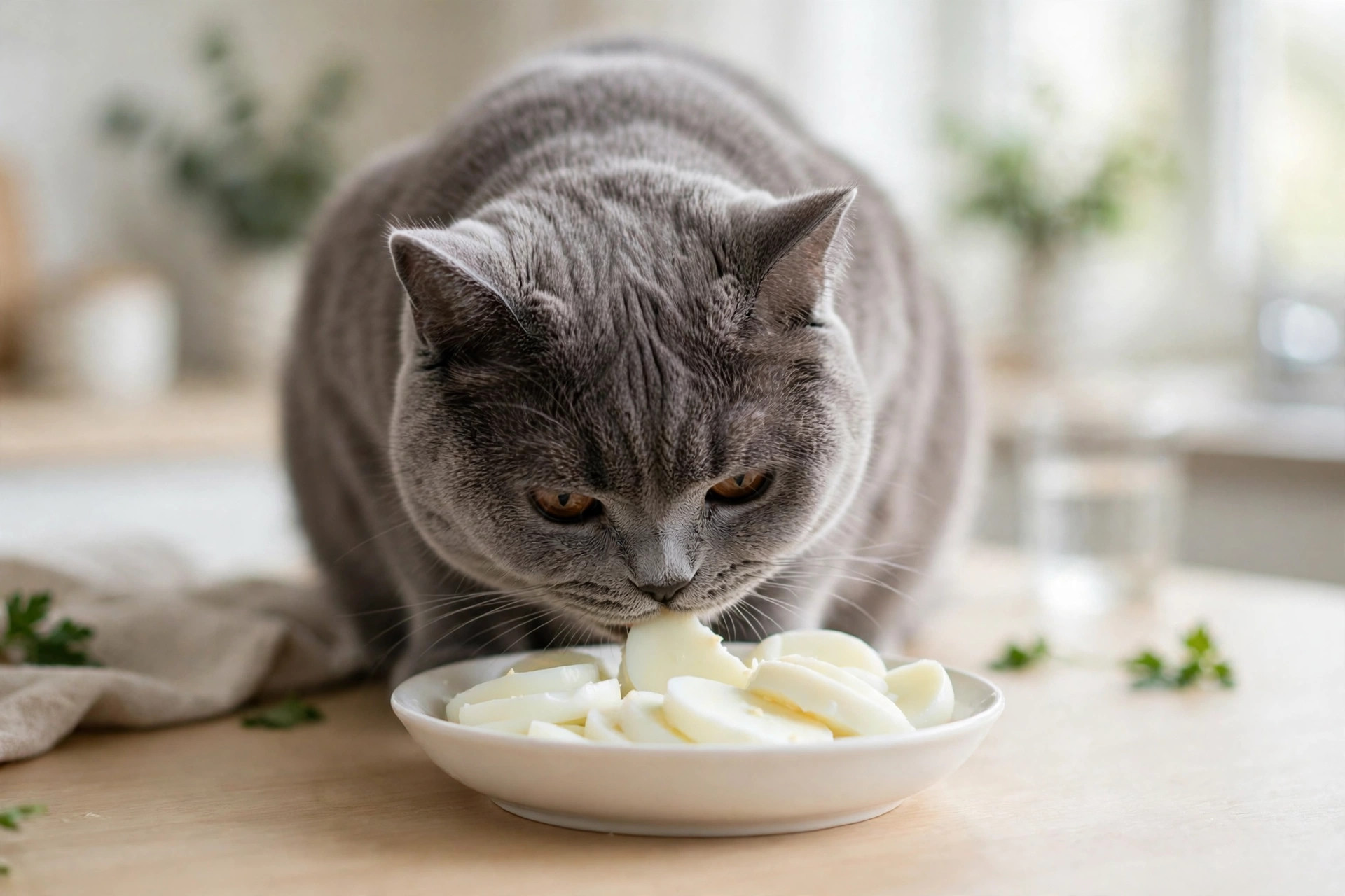 British shorthair cat eating plain boiled egg white slices from a bowl