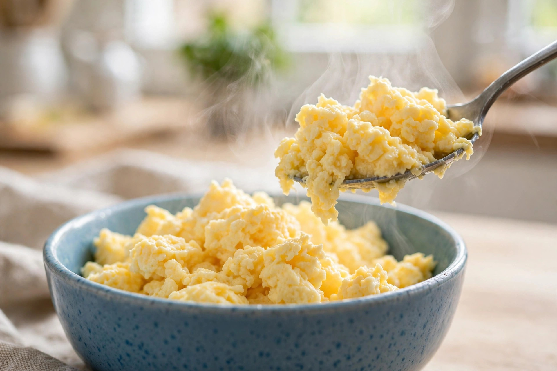 Plain soft-scrambled egg without butter or seasoning being prepared as a safe cat treat