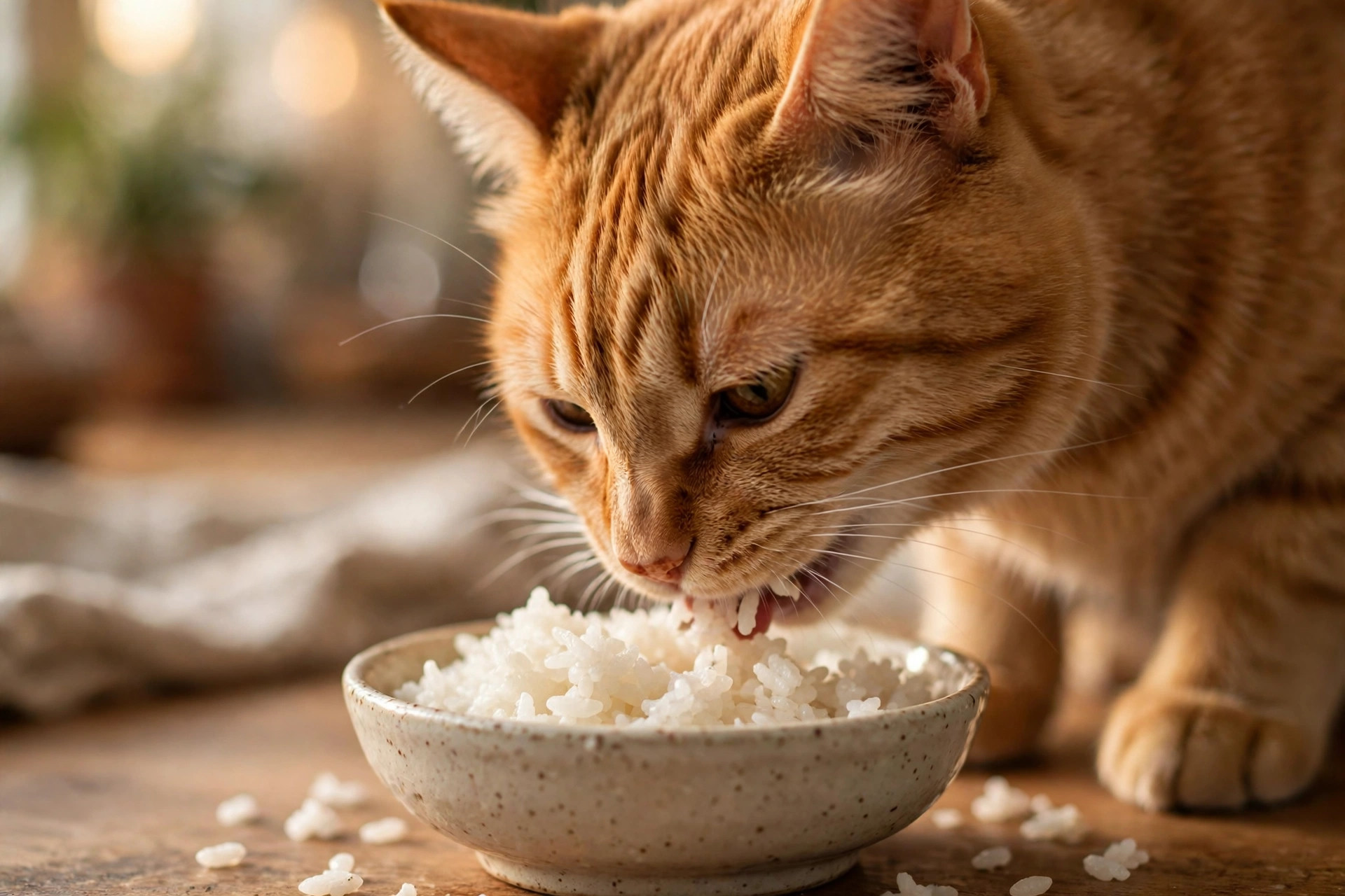 Orange tabby cat eating plain cooked white rice from a small ceramic bowl