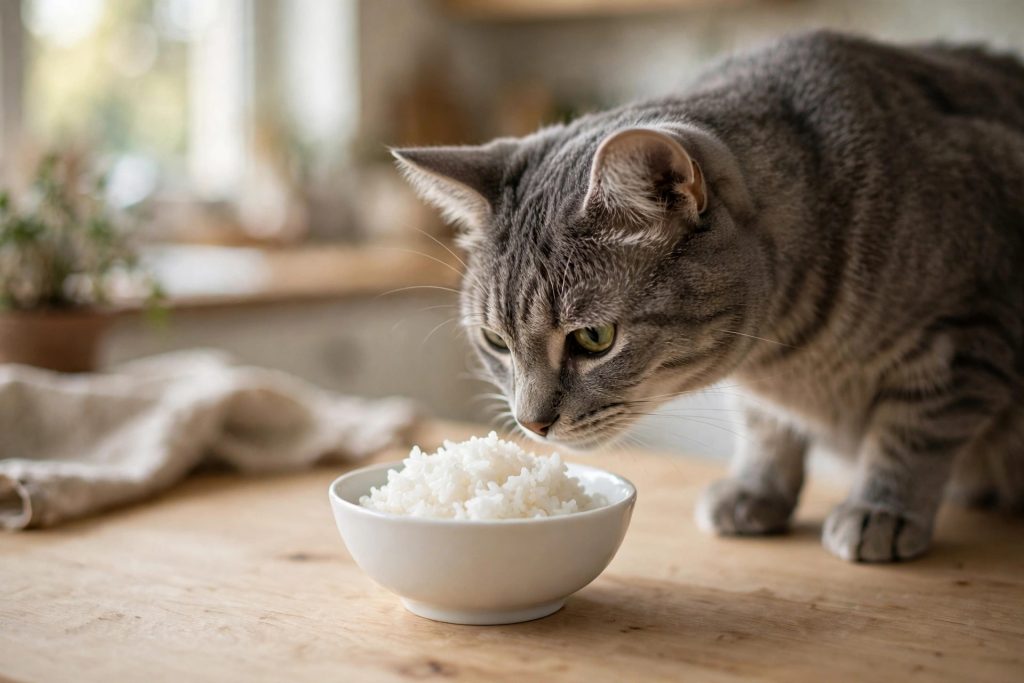 Plain cooked white rice in a bowl — safe for cats only in tiny amounts