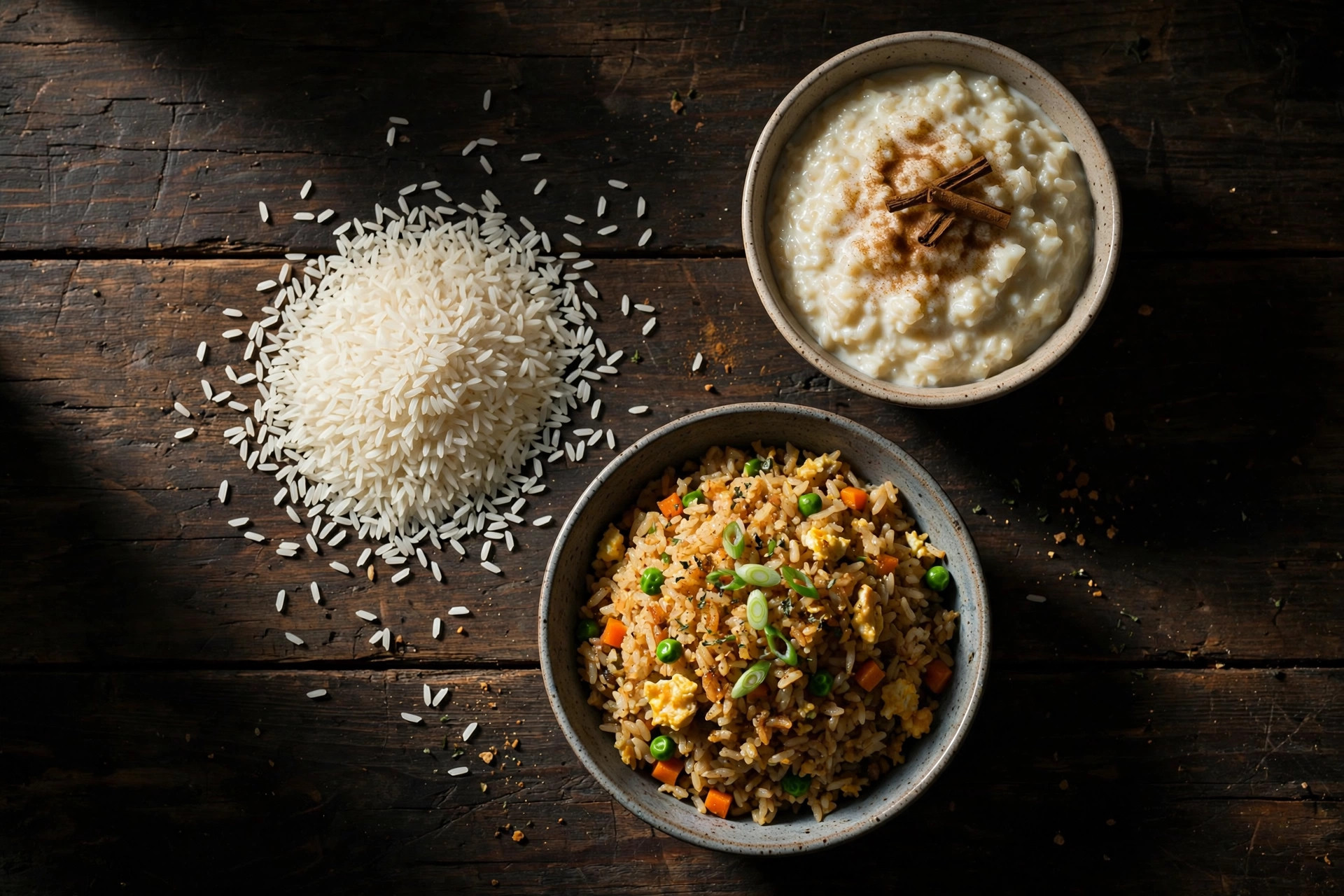 Rice dishes cats should never eat: uncooked rice, seasoned fried rice, and sweet rice pudding