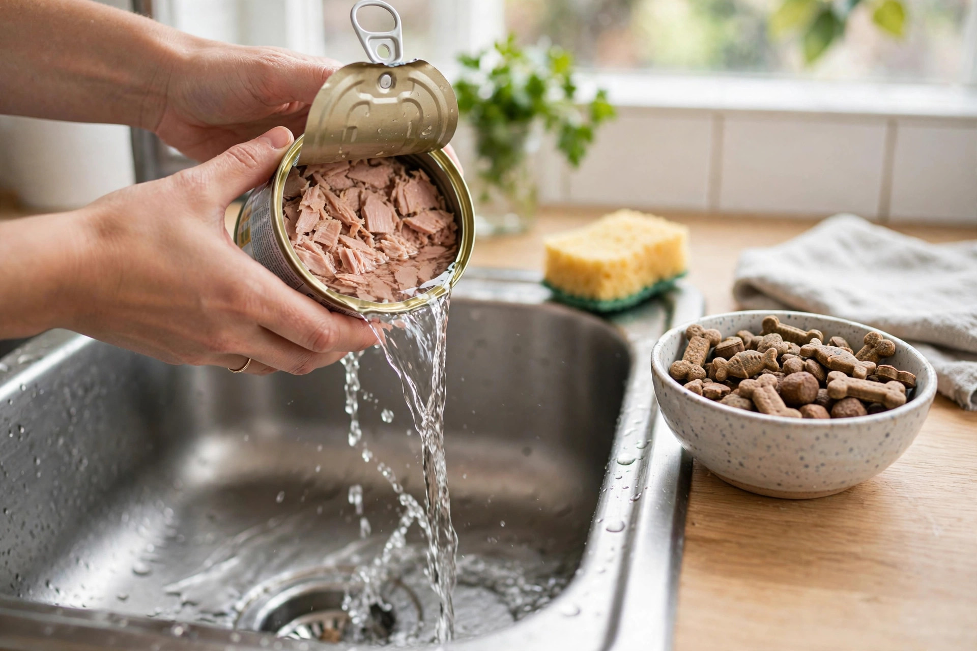 Hands draining water from an open can of plain tuna in a kitchen sink before serving it to a cat