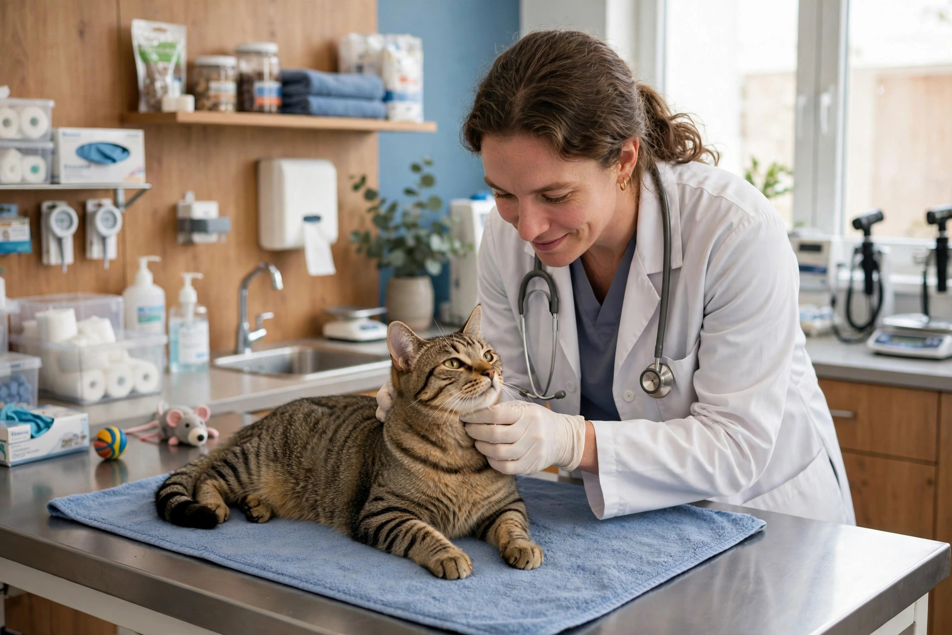 Veterinarian gently examining a tabby cat on an exam table at a veterinary clinic