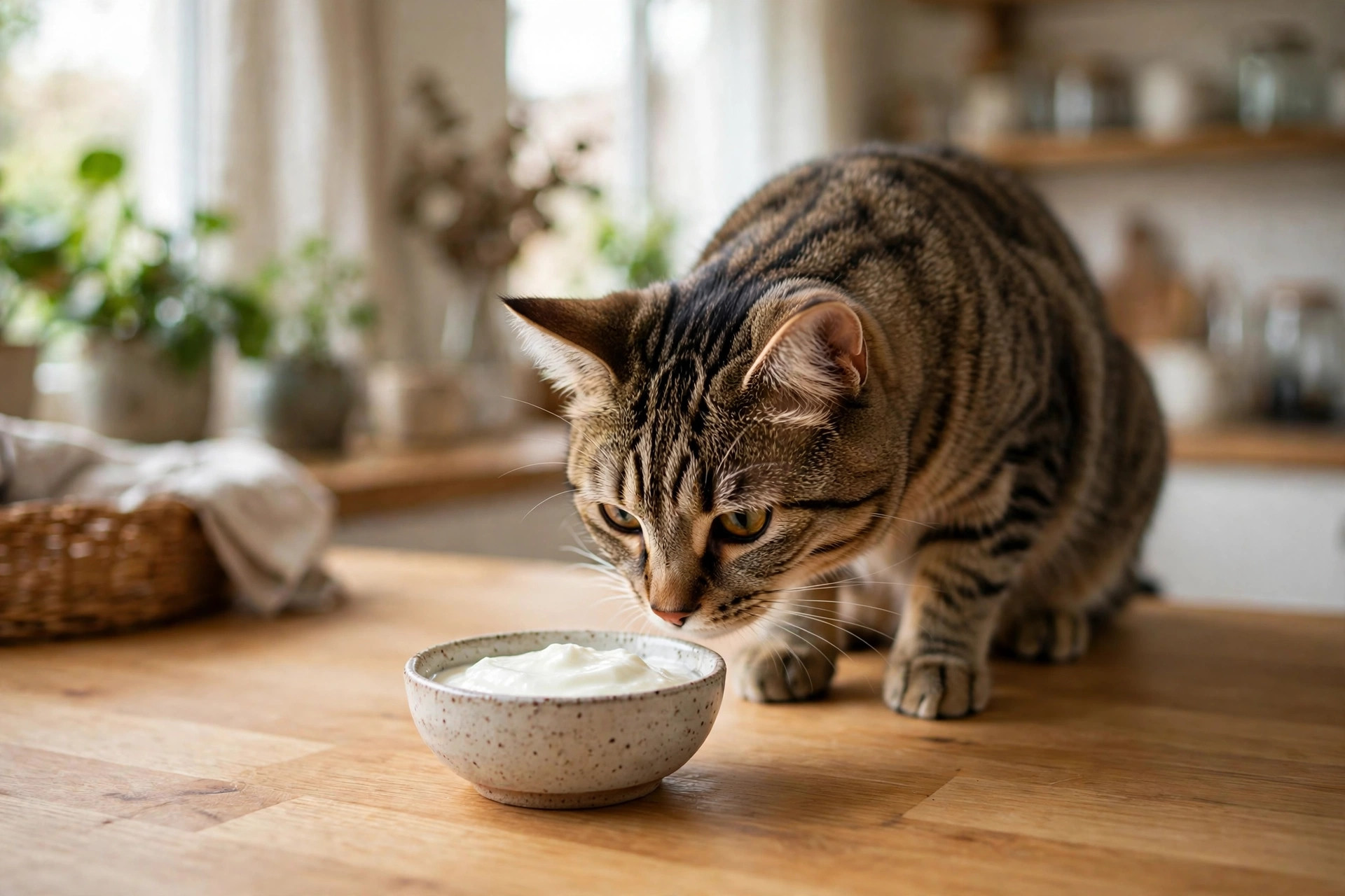 Curious tabby cat sniffing a small bowl of plain unsweetened yogurt that is safe for cats