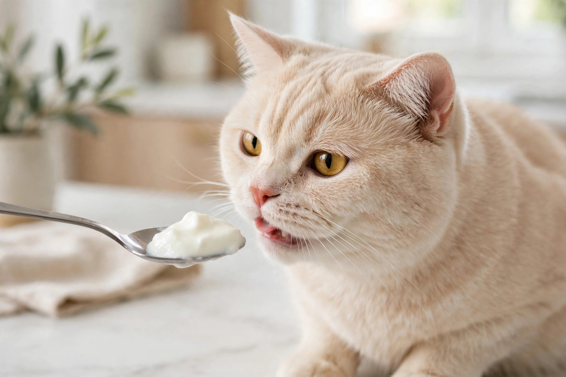 Teaspoon of plain white yogurt showing a safe serving size for cats