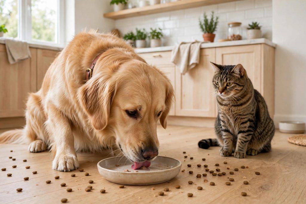 Golden retriever caught licking the cat's food bowl while a tabby cat watches
