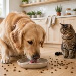 Golden retriever caught licking the cat's food bowl while a tabby cat watches