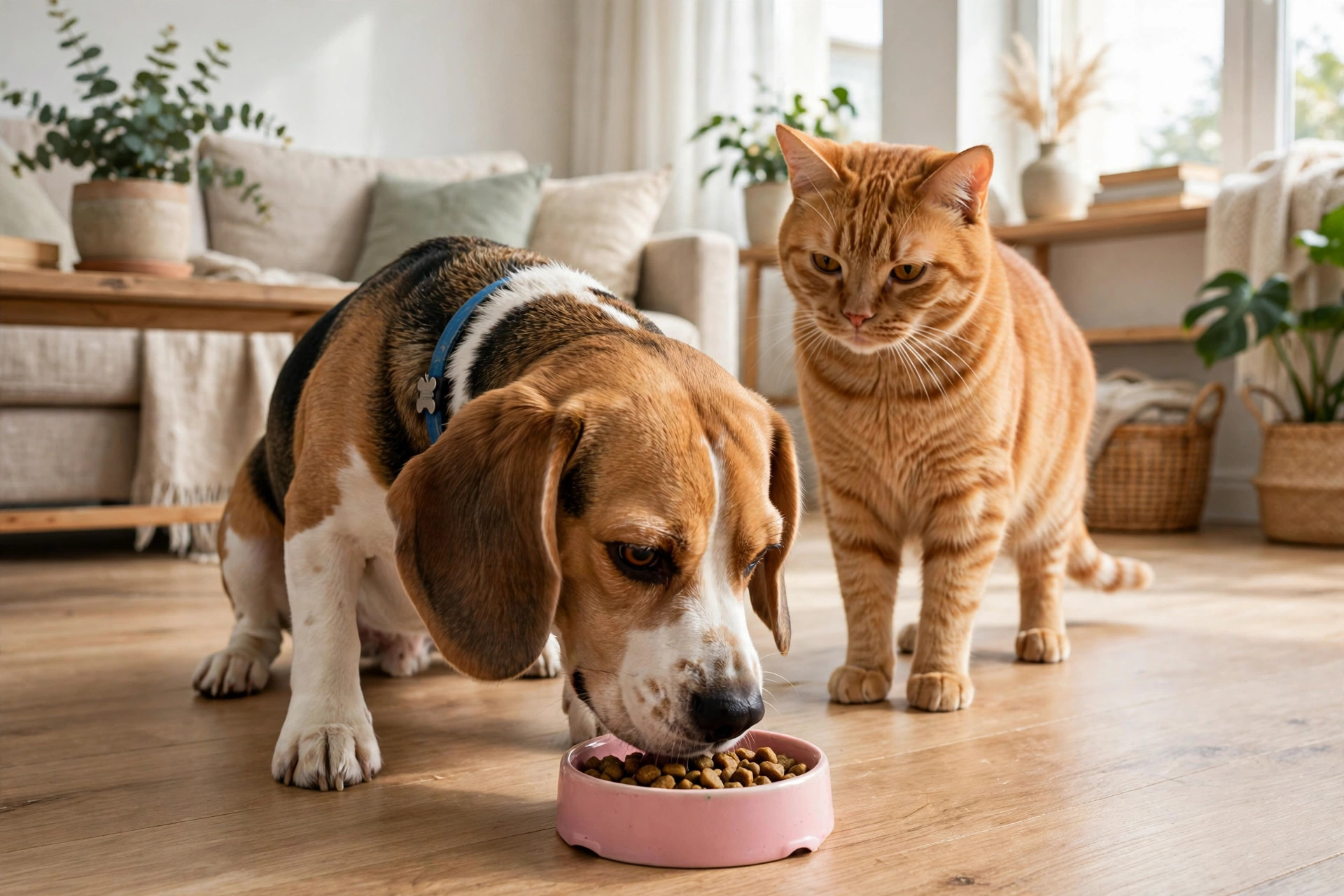 Beagle dog eating kibble from a small pink cat food bowl while an unimpressed orange tabby cat watches