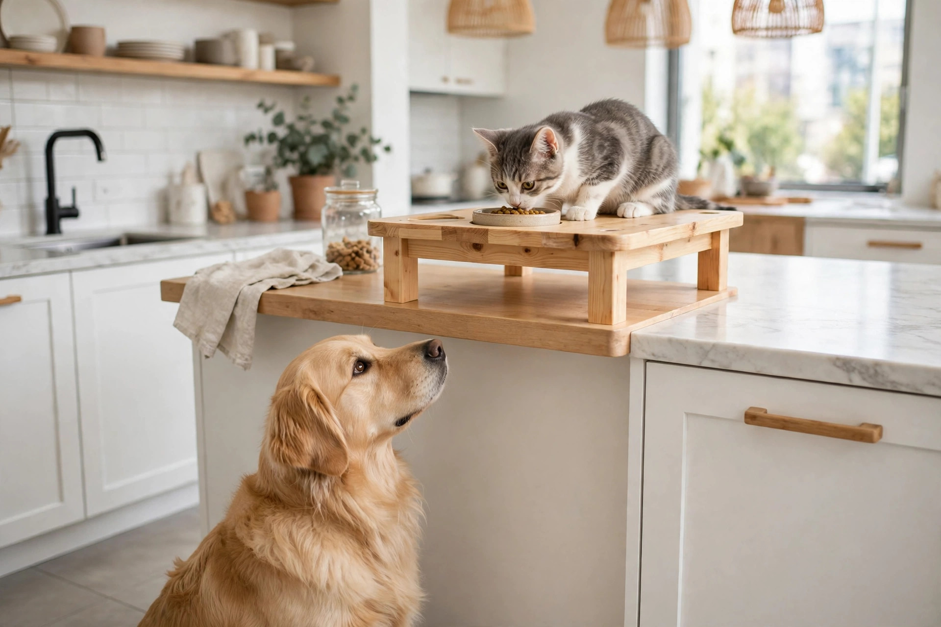 Cat eating from a bowl on a raised kitchen feeding station while a golden retriever waits below, out of reach