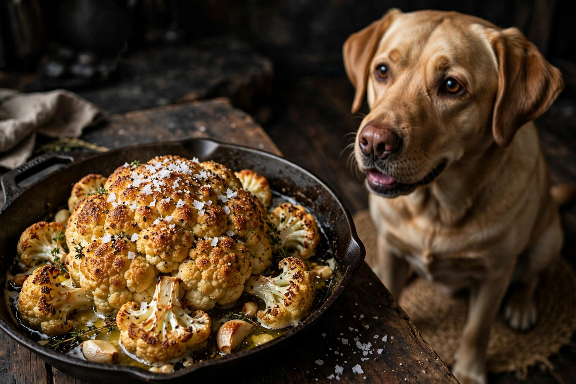Seasoned roasted cauliflower dish with butter, garlic and salt that dogs must avoid