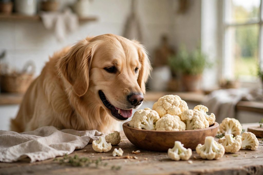 Happy golden retriever sitting beside a wooden bowl of fresh cauliflower florets that are safe for dogs