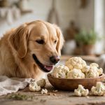 Happy golden retriever sitting beside a wooden bowl of fresh cauliflower florets that are safe for dogs