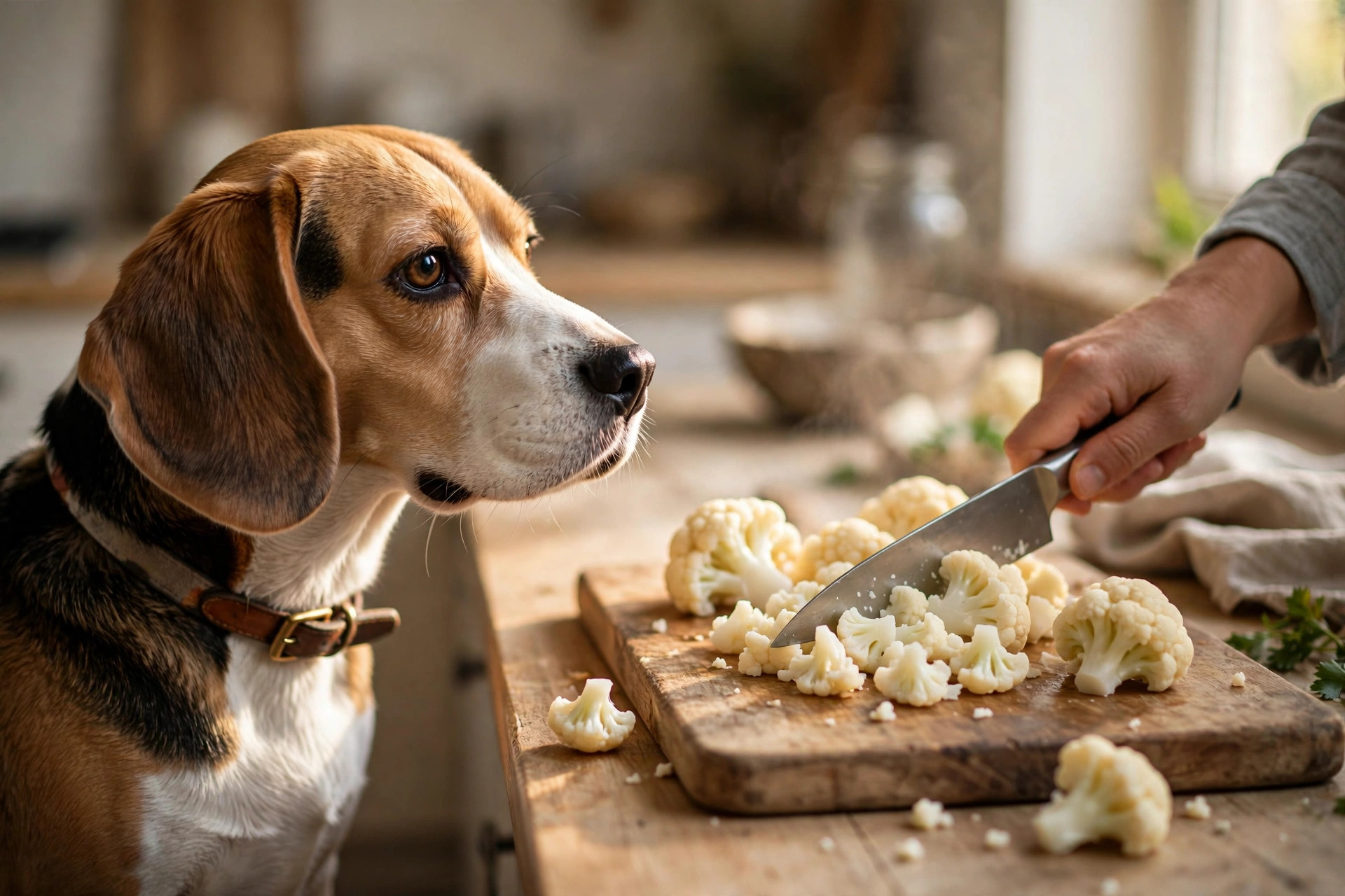 Beagle dog watching while steamed cauliflower florets are cut into small bite-sized pieces for dogs