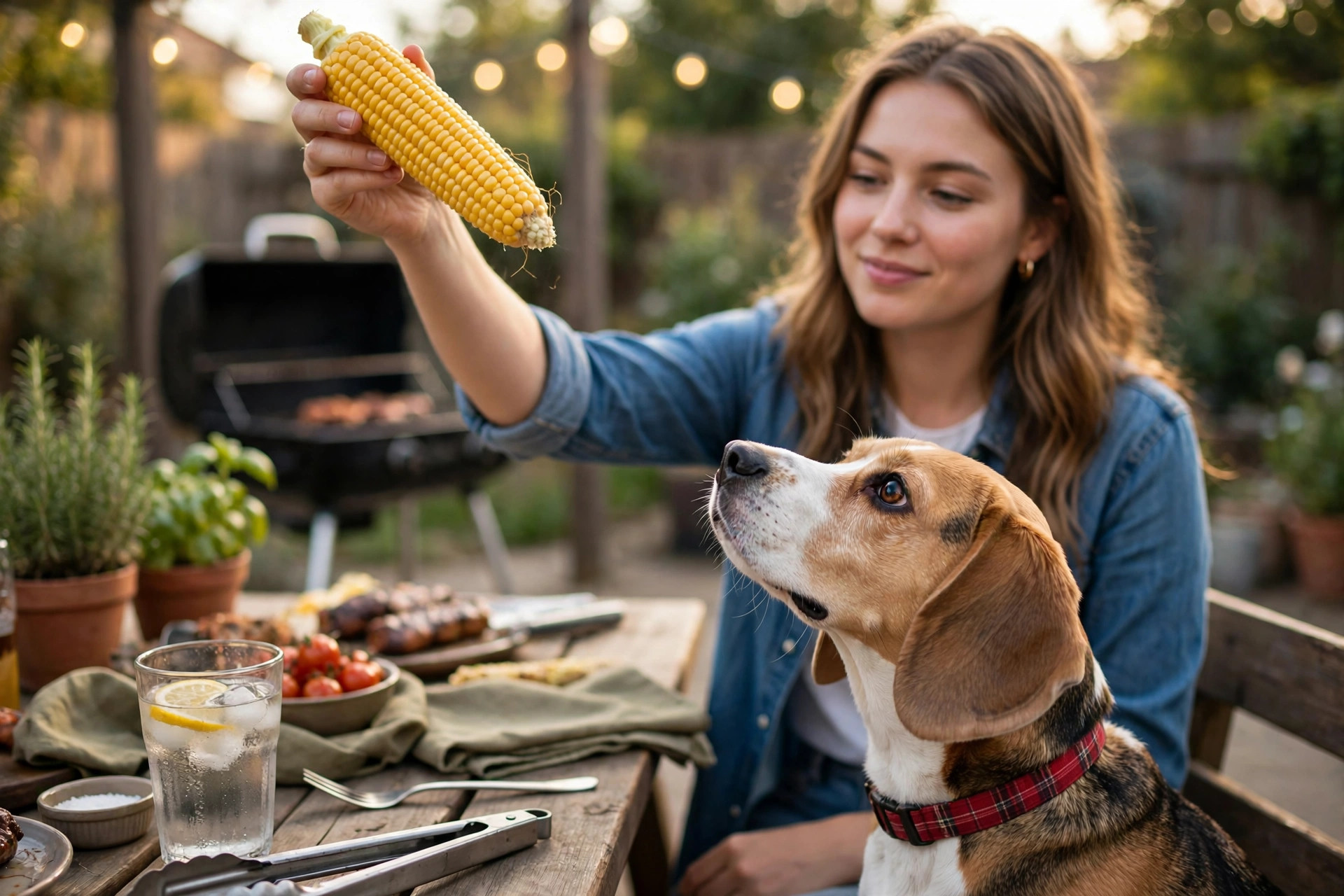 Dog owner holding a corn cob away from a curious beagle at a backyard barbecue