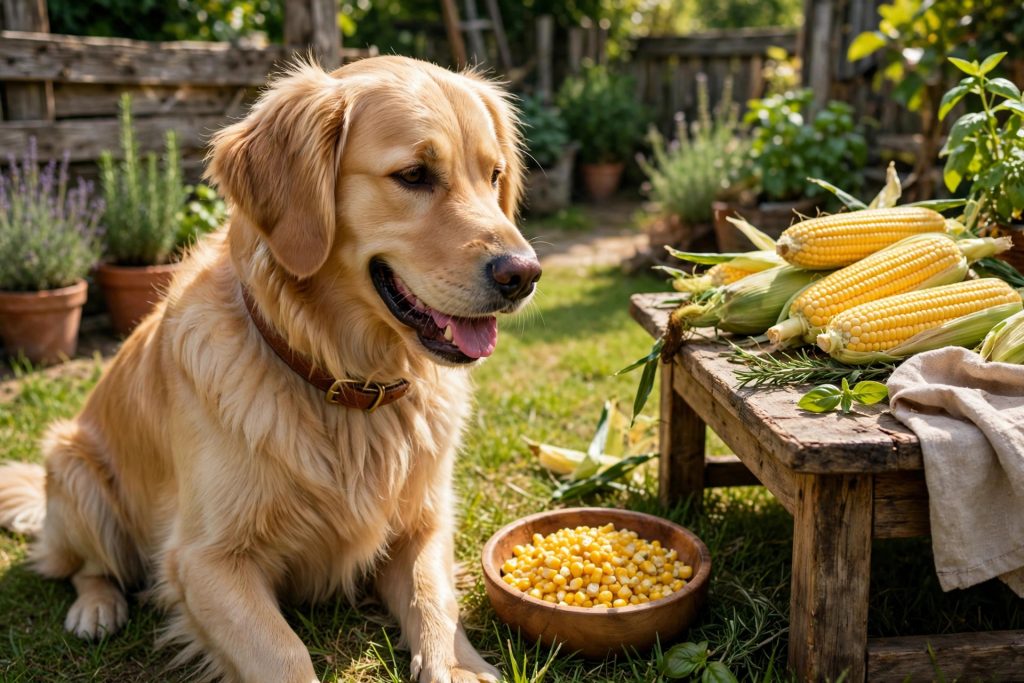 Happy golden retriever next to a bowl of plain cooked corn kernels with fresh corn on the cob on a rustic table
