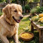 Happy golden retriever next to a bowl of plain cooked corn kernels with fresh corn on the cob on a rustic table