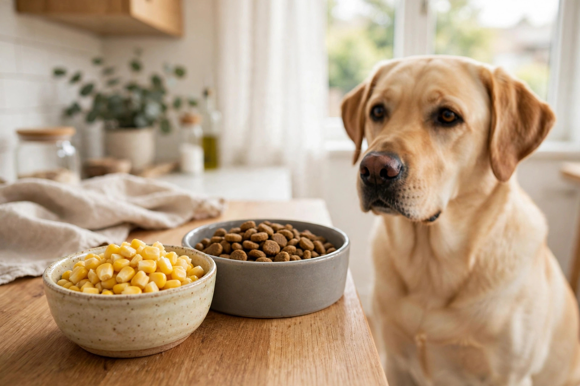 Small ceramic bowl of plain cooked corn kernels next to a dog food bowl with a labrador waiting in a bright kitchen