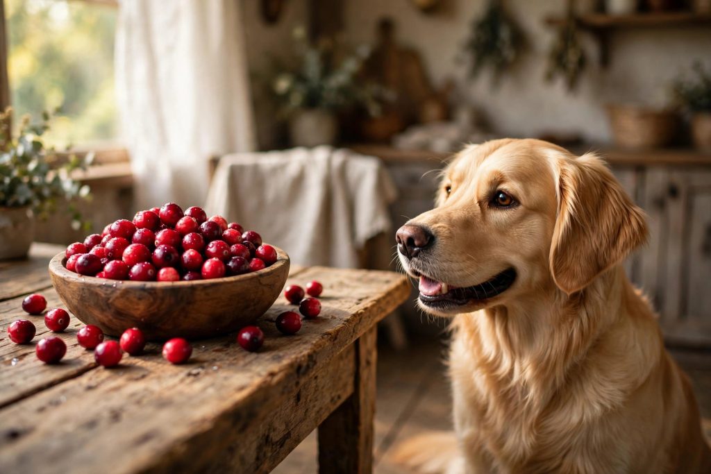 Wooden bowl of fresh cranberries next to a golden retriever looking at the bowl — fresh cranberries that are safe for dogs