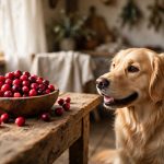 Wooden bowl of fresh cranberries next to a golden retriever looking at the bowl — fresh cranberries that are safe for dogs