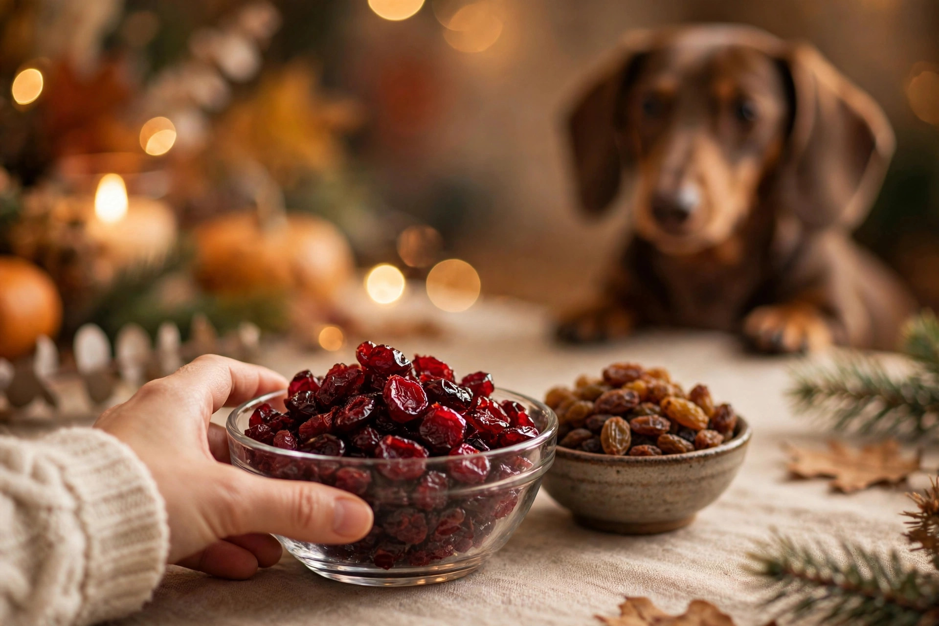 Bowl of sweetened dried cranberries next to raisins on a holiday table — cranberry products dogs should never eat