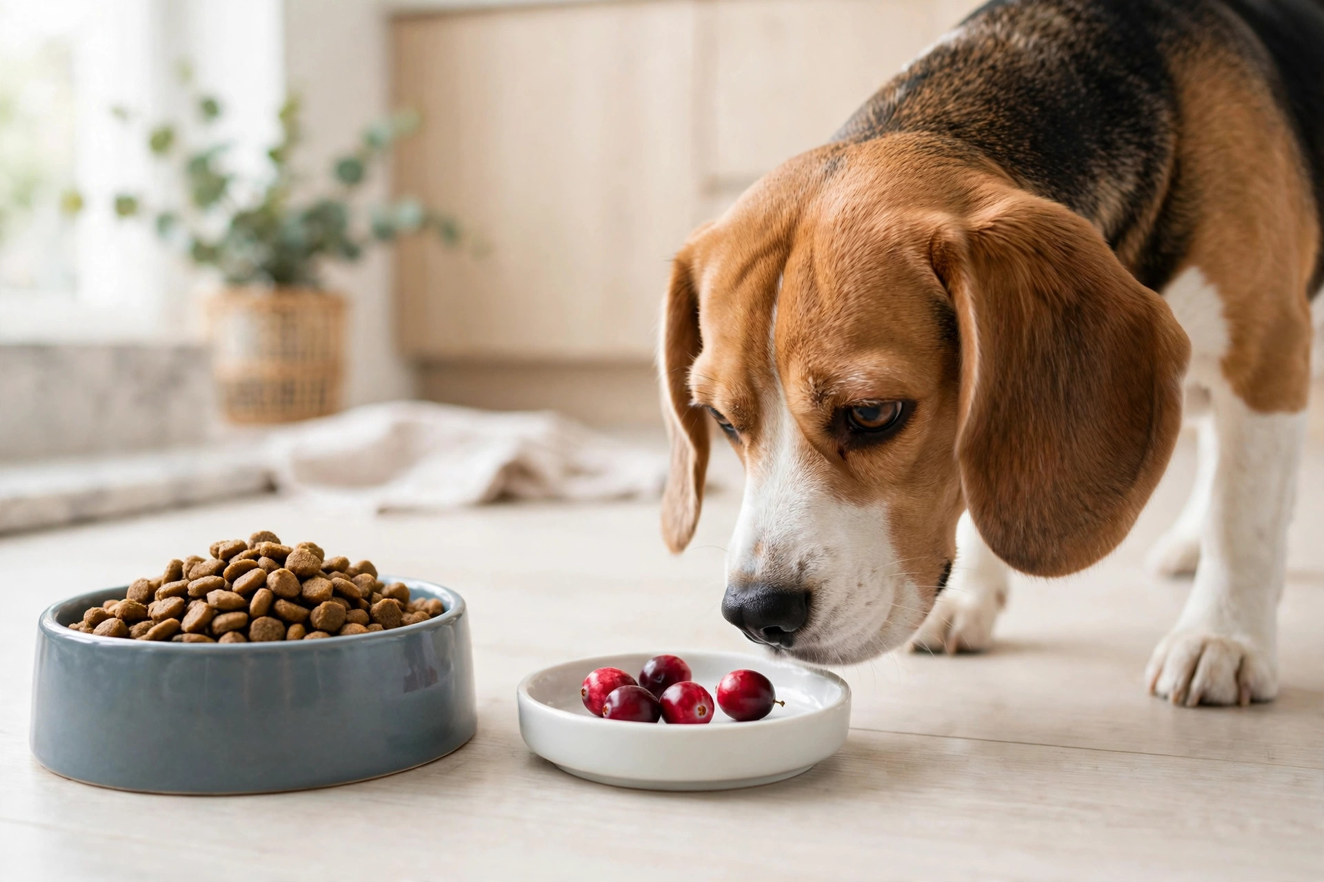 Small ceramic dish with a few fresh cranberries next to a dog food bowl — a safe serving size of cranberries for dogs