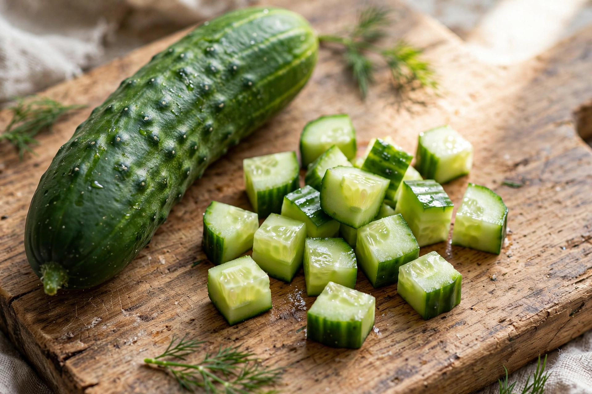 Small bite-sized cucumber cubes on a cutting board showing safe serving sizes for dogs