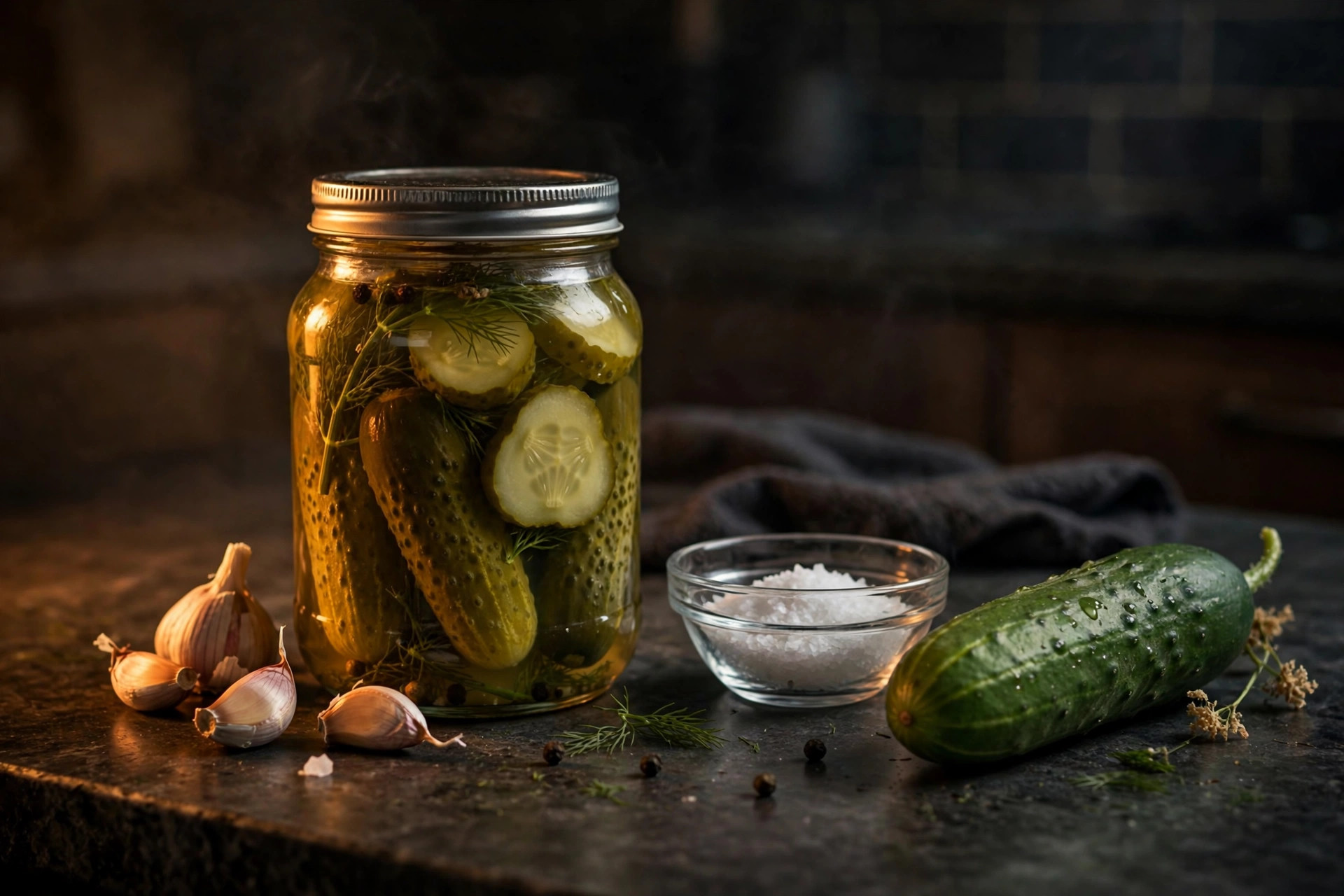 Pickle jar with salt and garlic next to a fresh cucumber, showing foods dogs must avoid