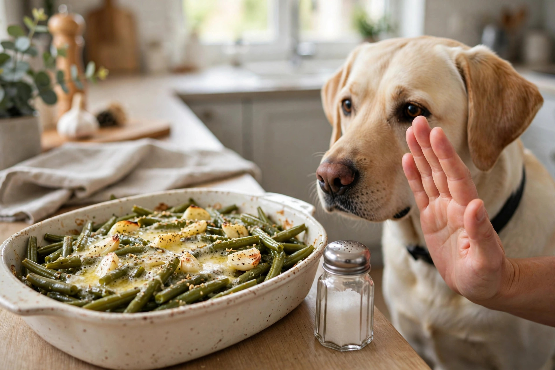 Seasoned green bean casserole with butter, garlic and salt that dogs must avoid