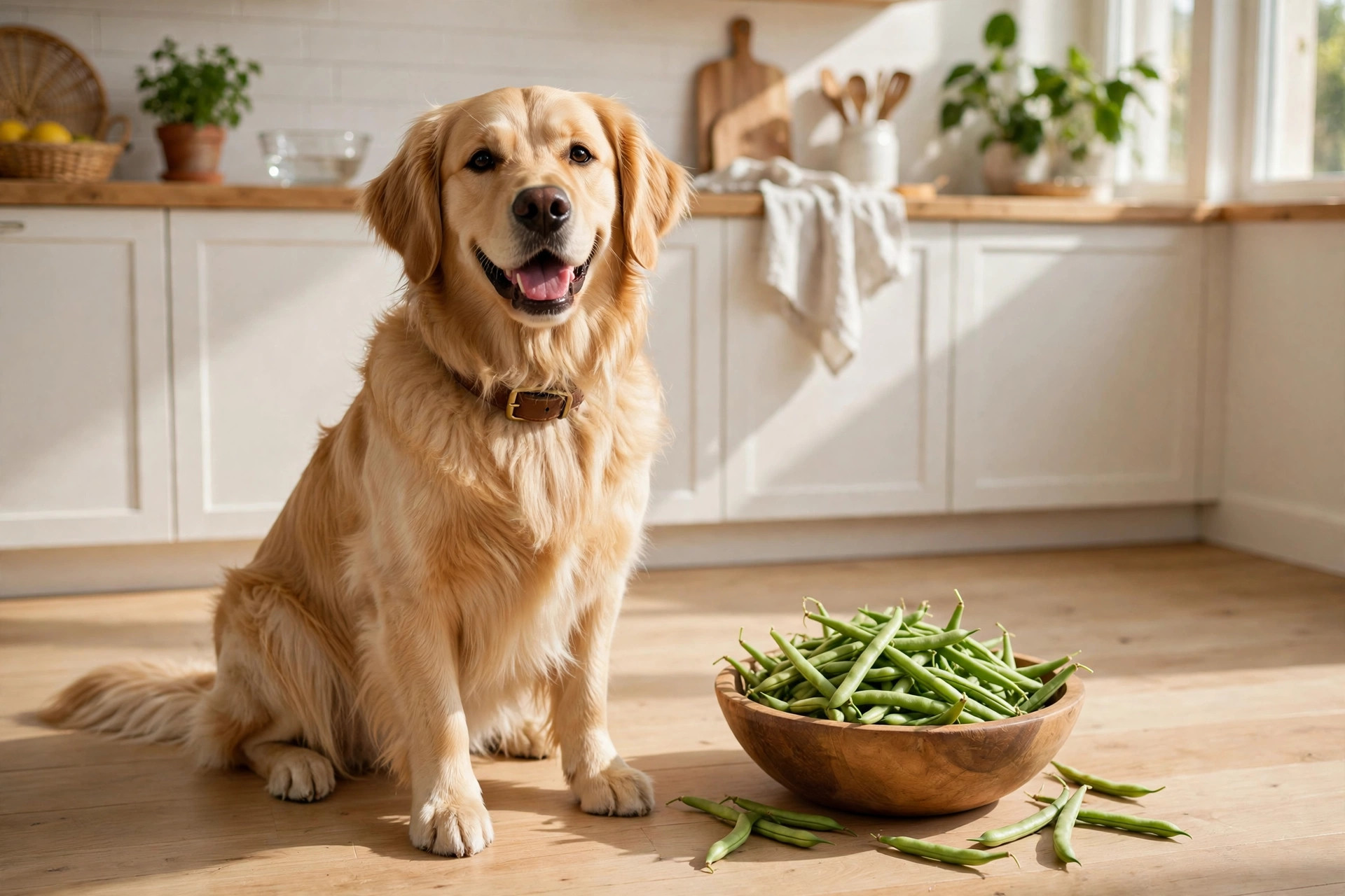 Happy golden retriever sitting beside a wooden bowl of fresh green beans that are safe for dogs