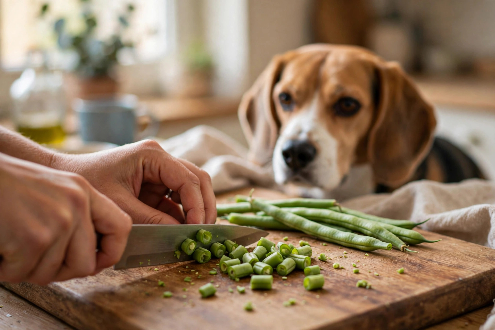 Cutting fresh green beans into bite-sized pieces for dogs on a wooden cutting board