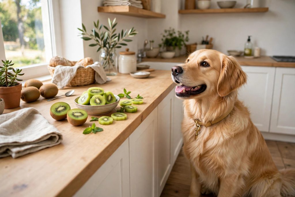 Golden retriever beside a bowl of peeled kiwi slices that are safe for dogs