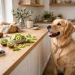 Golden retriever beside a bowl of peeled kiwi slices that are safe for dogs