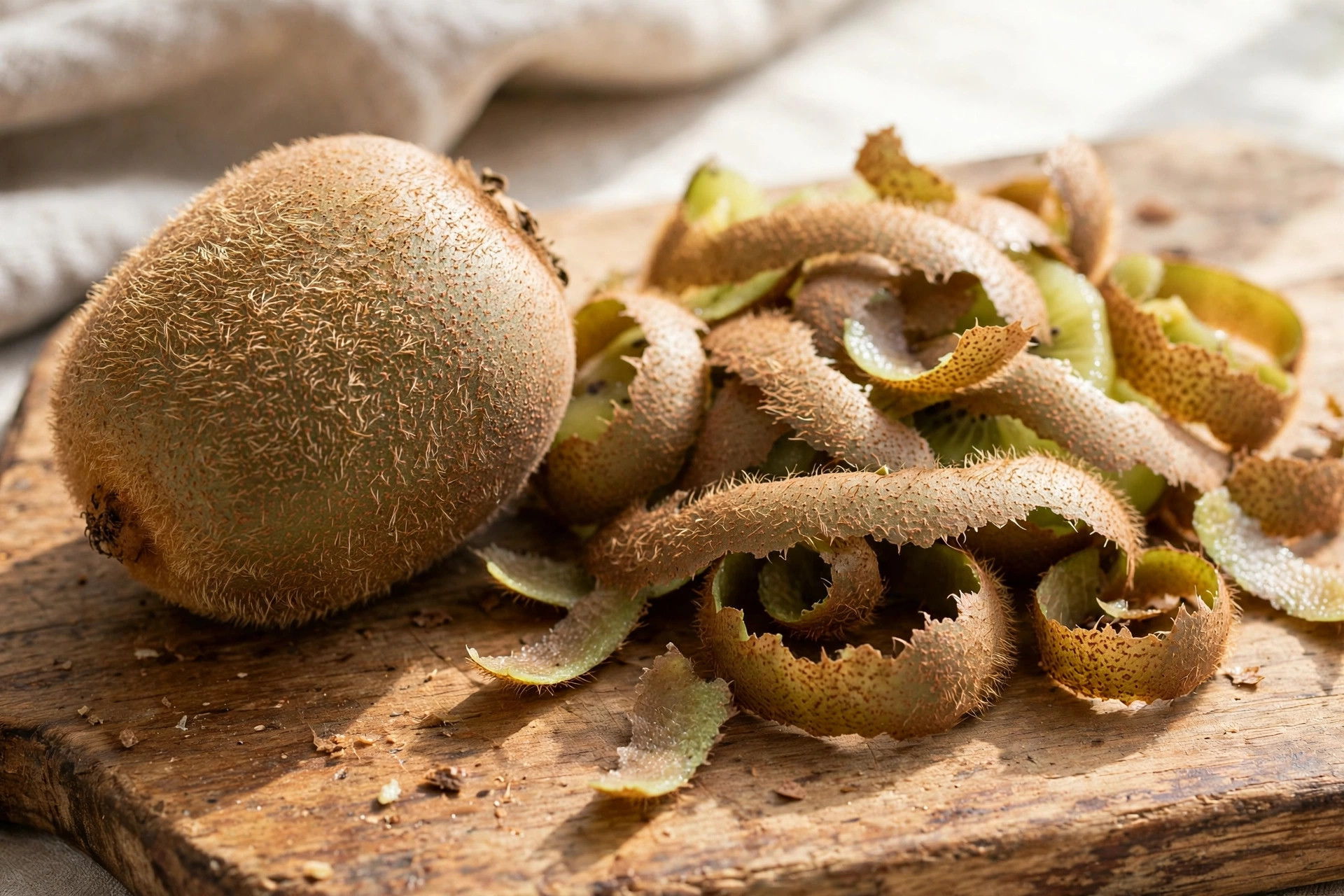 Whole unpeeled fuzzy kiwi next to peeled kiwi skin that dogs should never eat