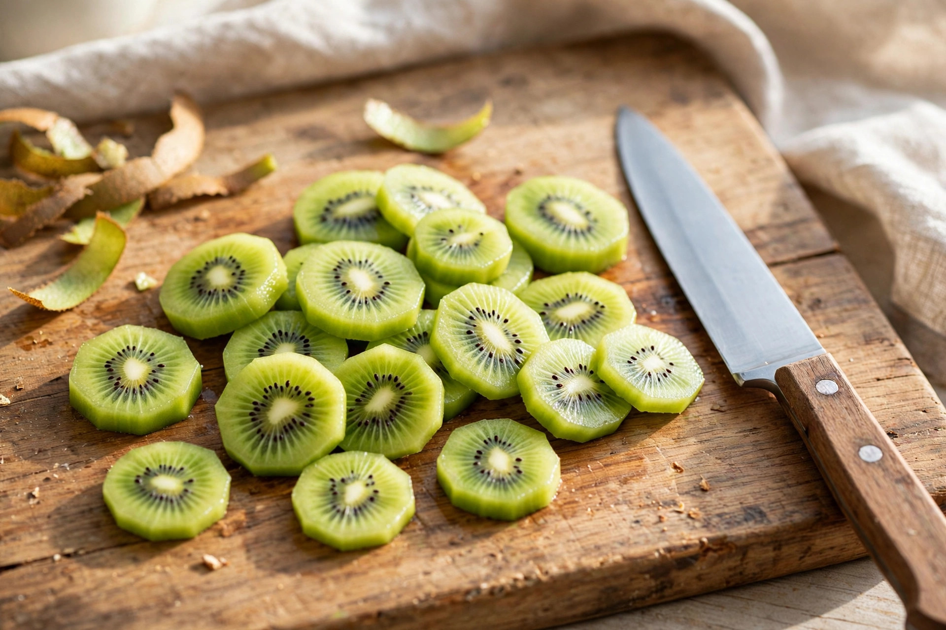 Peeled green kiwi cut into small bite-sized slices on a wooden board for dogs
