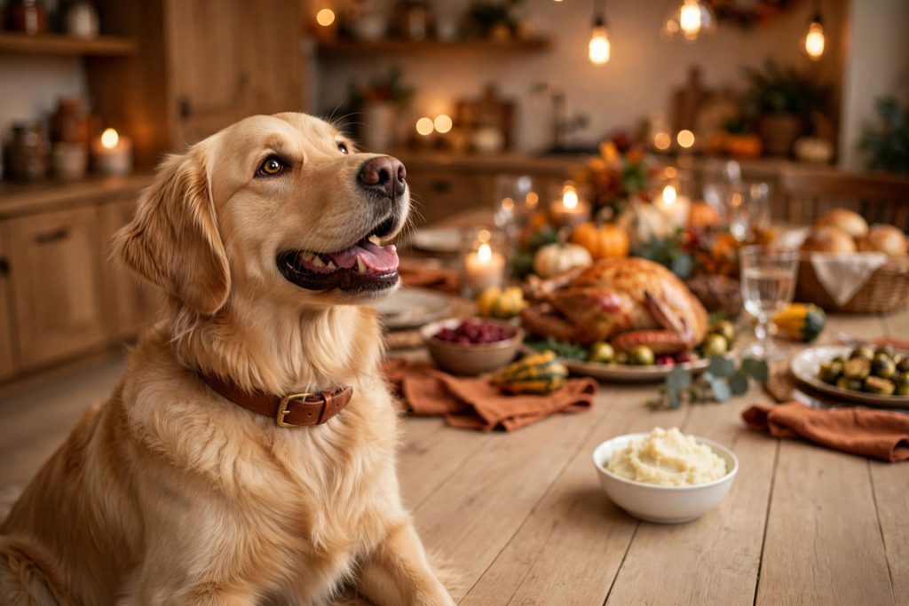 Golden retriever looking at a bowl of plain mashed potatoes that are safe for dogs