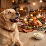 Golden retriever looking at a bowl of plain mashed potatoes that are safe for dogs