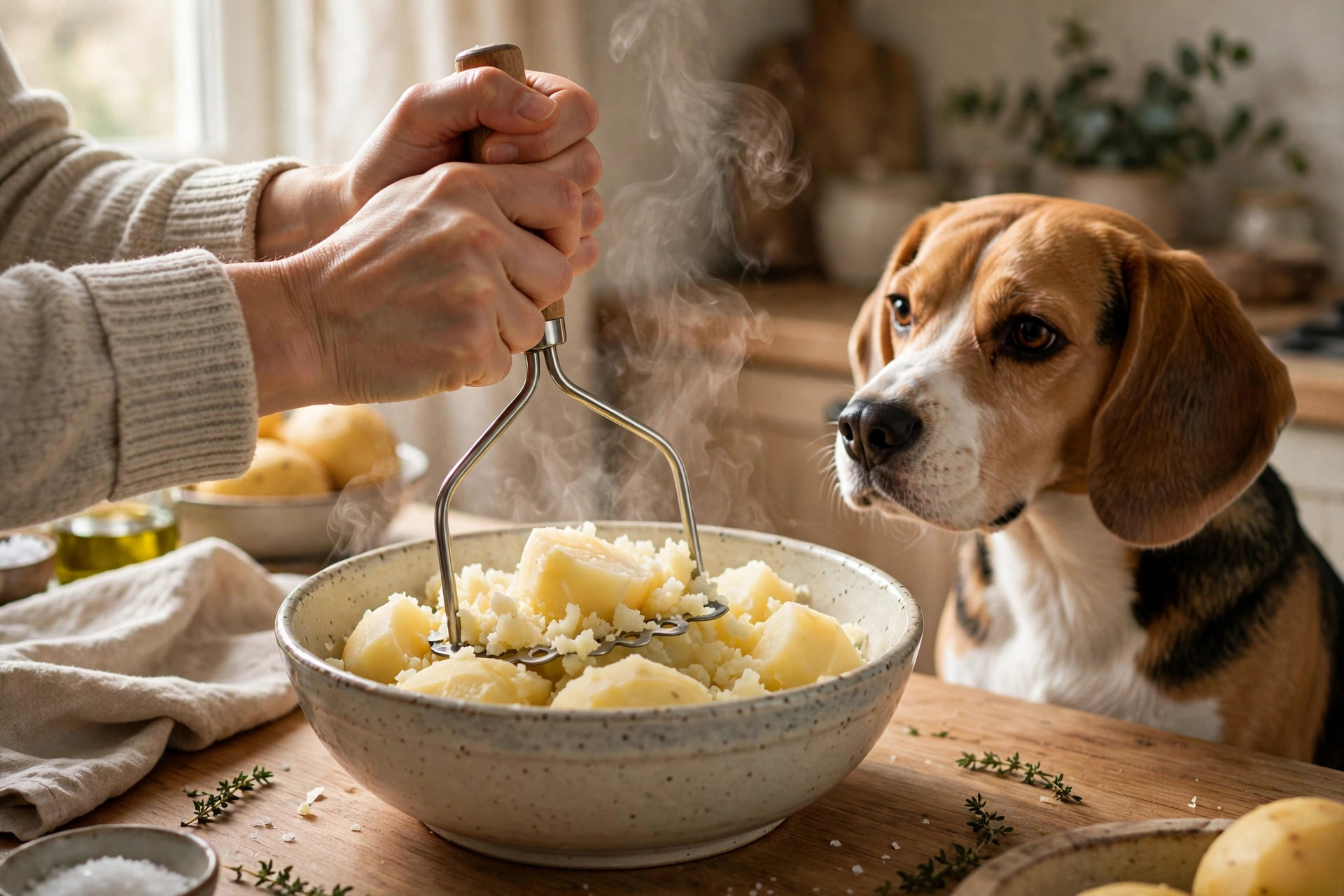 Hands mashing freshly boiled peeled potatoes in a kitchen bowl with a curious beagle watching