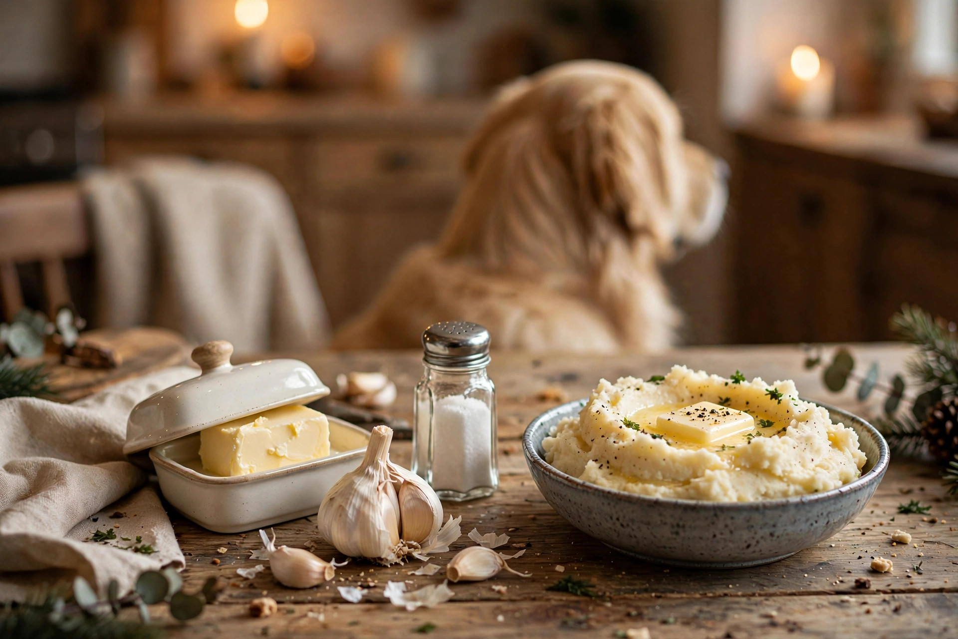 Holiday table with butter, garlic, salt and creamy mashed potatoes that dogs must avoid