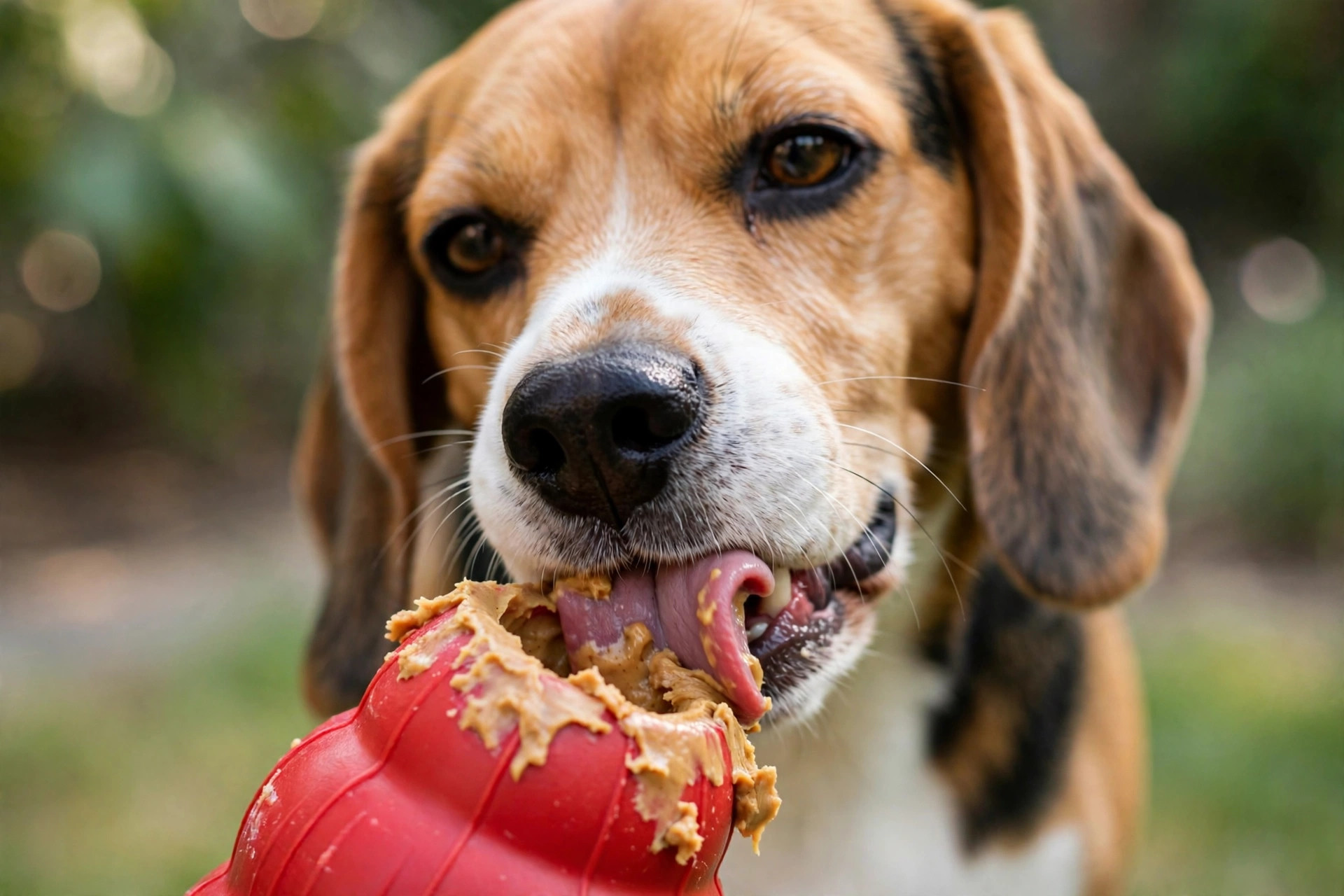 Beagle dog happily licking peanut butter from a red rubber enrichment toy