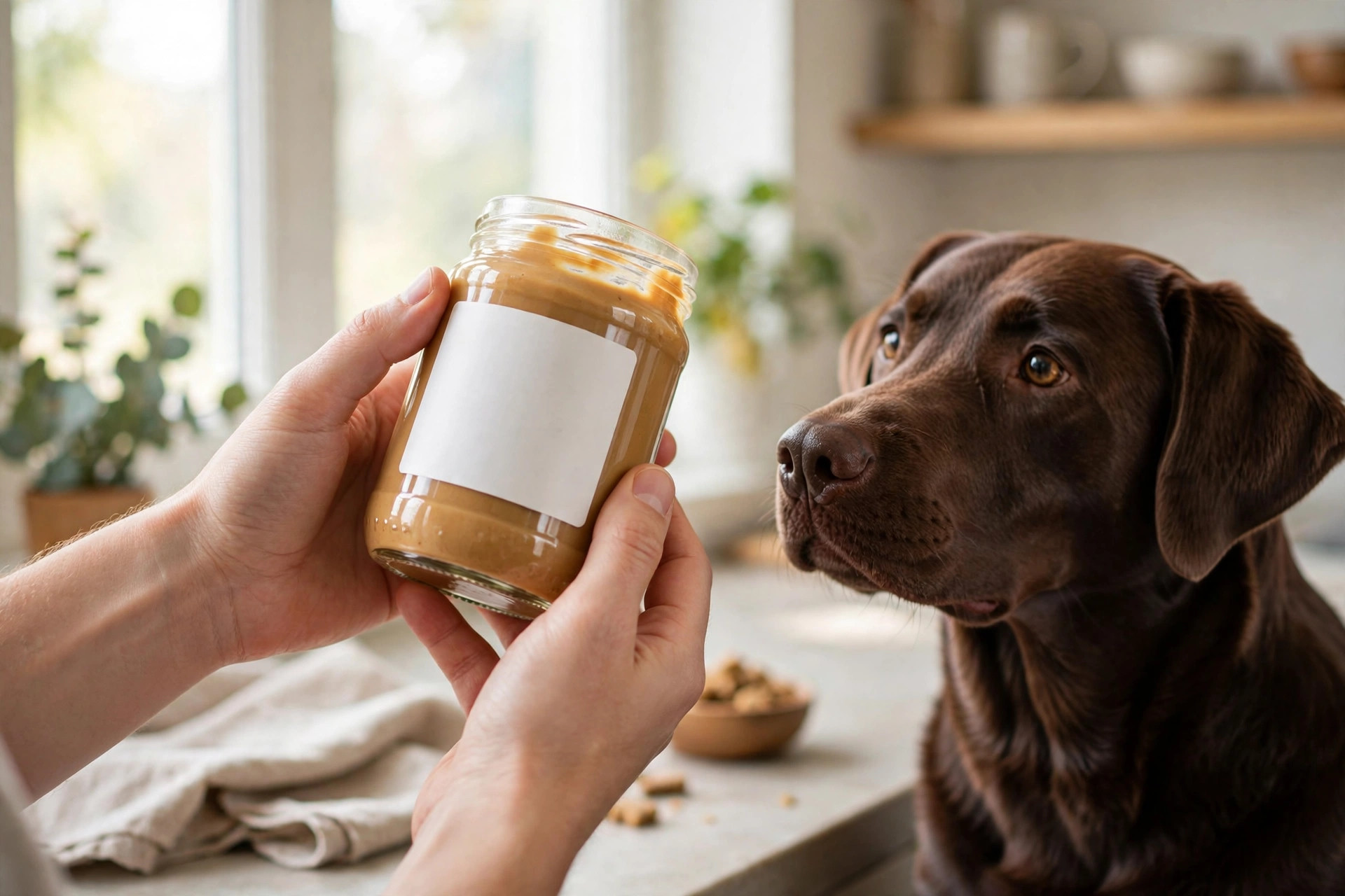 Dog owner reading the ingredients label on a jar of peanut butter to check for xylitol