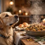 Golden retriever looking hopefully at a dish of Thanksgiving stuffing that dogs should not eat