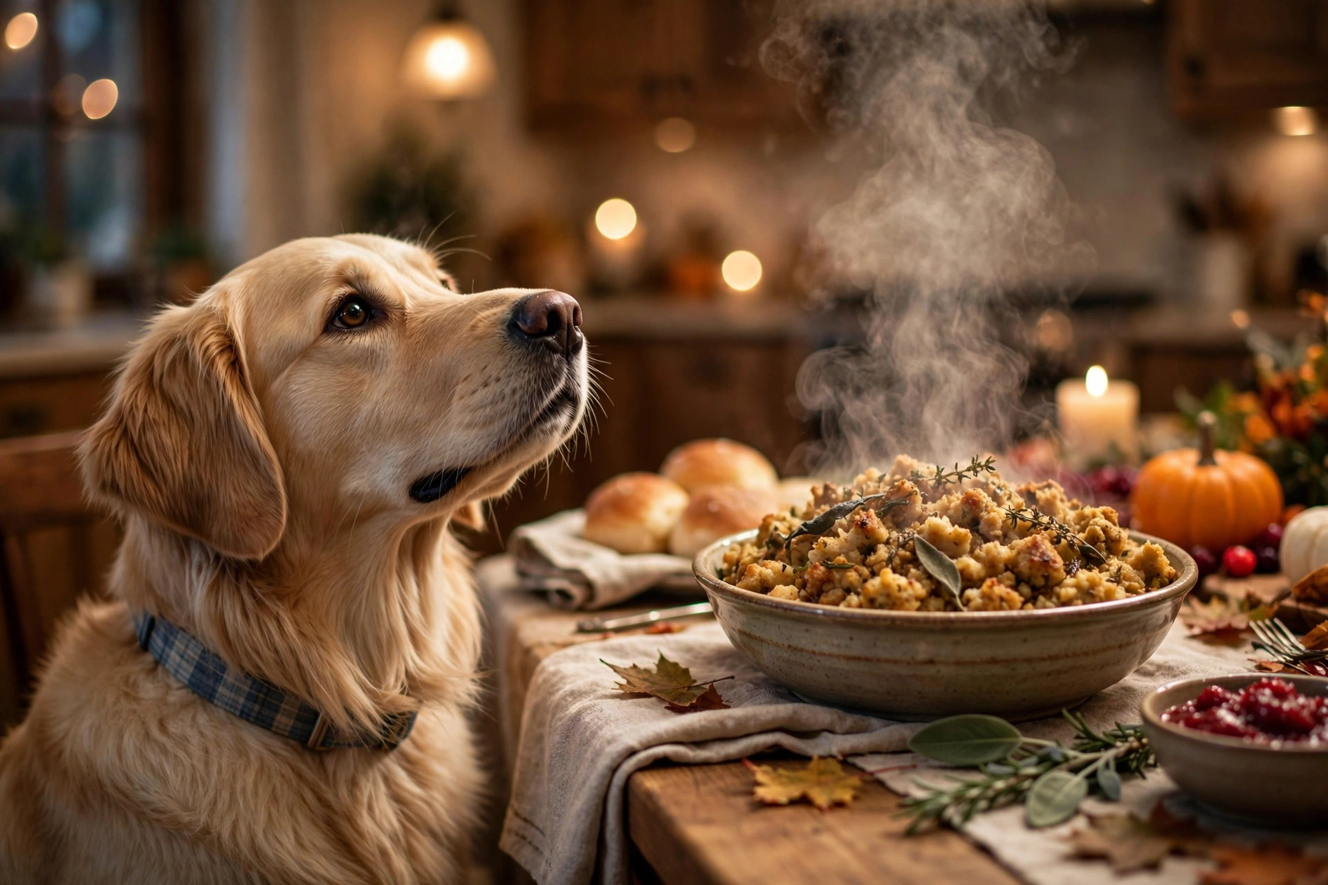 Golden retriever looking hopefully at a dish of Thanksgiving stuffing that dogs should not eat